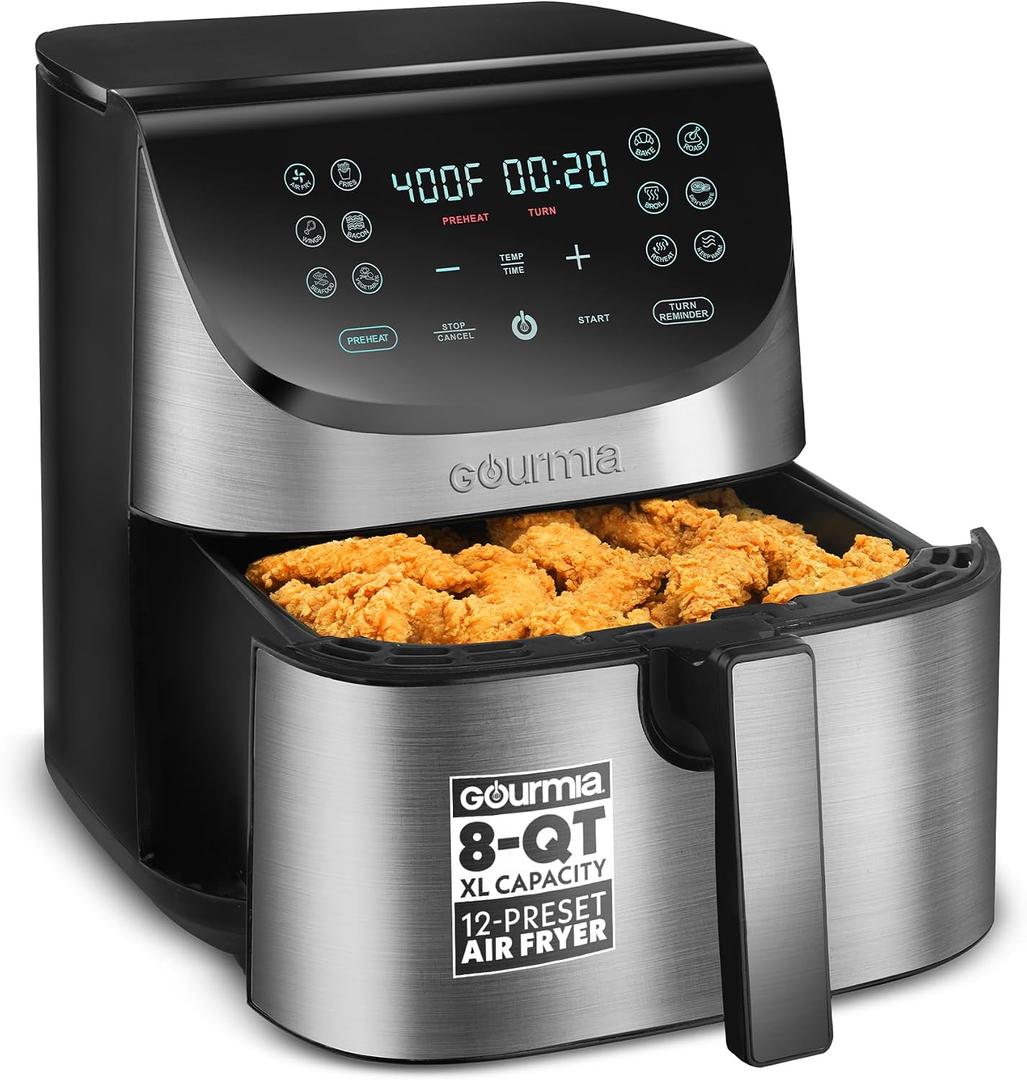 Gourmia Air Fryer - 8 Qt Extra Large Capacity, FryForce360, Digital Display with 12 Presets, Roast, Bake, Broil, Dehydrate, Dishwasher Safe Accessories, Stainless Steel, 8 Quart