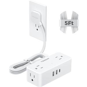 TESSAN 5 FT White Extension Cord, 900J Surge Protector Small Power Strip with 3 USB Ports (1 USB C), Flat Plug Power Strip, Mini Charging Station Suitable for Home Office Dorm