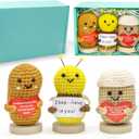 3PC Mini Funny Positive Potato, 3 inch Knitted Doll with Positive Card for Cheer Up Gifts and Party Decorations, Cute Positive Crochet Doll for Birthday Gifts (Coffee Bean+ Coffee Cup+ bee)