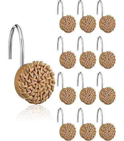 24 Pcs Boho Knots Shower Curtain Hooks Wood Decorative Shower Rings Woven Round Log Shower Curtain Hangers Artificial Wicker Ratten Decorative for Bathroom Farmhouse Curtain Hangers Accessories