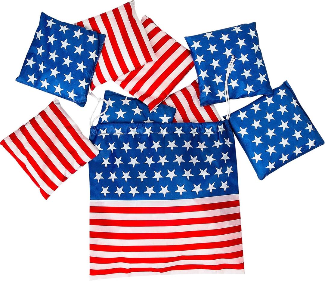 Patriotic Cornhole Stars & Stripes Bean Bags with Drawstring Bag - 6" Bean Bags with 12" Drawstring Bag (Set of 9) - Perfect for Backyard BBQs, Fourth of July Parties, and Other Patriotic Events