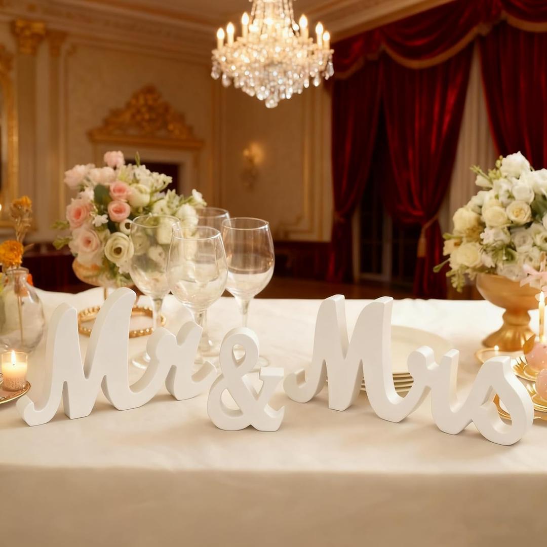 Mr & Mrs Sign - Freestanding Wooden Letters Wedding Table Decor, White Vintage Photo Props for Anniversary Valentine's Day Head Table