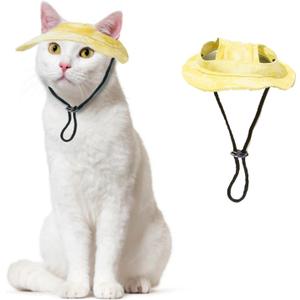 Pet Hat with Ear Holes Sunscreen Cap, Adjustable String Dog Cat Summer Sun Hat,Cat Dog Bucket Hat for Birthday Party Costume Decoration Outdoor Hiking (Yellow, Large)