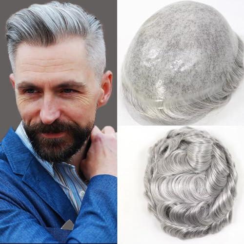 HAPPY&CC Toupee for Man Thin Skin PU Men's Hairpiece European Virgin Human Hair Replacement System Pieces Male Hair Prosthesis Unit for Men with 80% Synthetic Gray 10x8inch