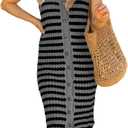 BLENCOT Women's V Neck Striped Summer Tank Dress Causal Sleeveless Button Cardigan Midi Cover Up Dresses (Medium, Gray)
