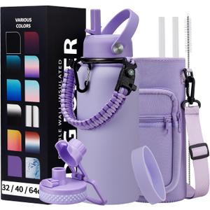 DIGJUPER Insulated Water Bottle 32 oz - with Straw & Pop-up Spout Lid, Paracord Handle, Carrier Shoulder Strap, Protective Boot, Wide Mouth Double Walled Vacuum Insulated Gym Water Bottle for Women (Lilac Purple)