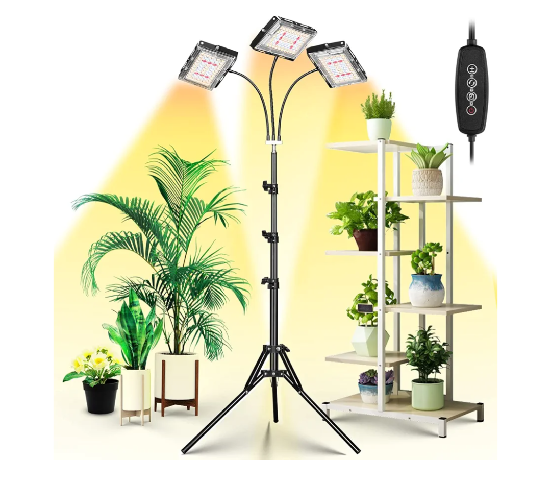 LBW Grow Light with Stand, Tri-Head LED Plant Light for Indoor Plants, Full Spectrum 150 LEDs, 3/6/12H Timer, 6 Dimmable Levels, 3 Switch Modes, Adjustable Tripod Stand 15-63 inches