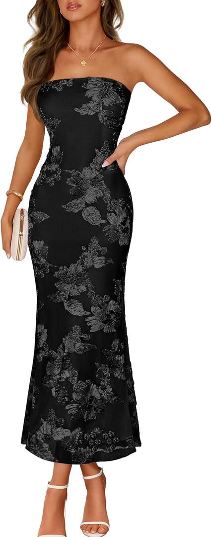 MEROKEETY Women's Floral Strapless Maxi Dress 2026 Summer Mesh Tube Bodycon Formal Wedding Guest Cocktail Party Long Dresses (Black, L)