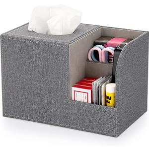 Sumnacon Square Linen Tissue Box Cover  Decorative Cube Tissue Cover with Side and Top Organizer, Modern Tissue Holder for Living Room Vanity Night Stand Table Countertop Office, Grey