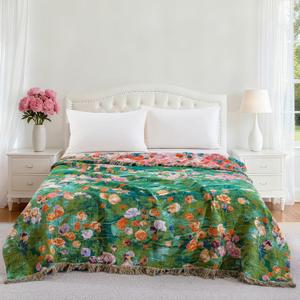 100% Cotton Muslin Floral Blanket, Super Soft Throw Green for Couch, Bed Chair Quilt Travel Blankets, Reversible Jacquard Fall Coverlet, Lightweight Boho Farmhouse Picnic Blanket, 80"x90"