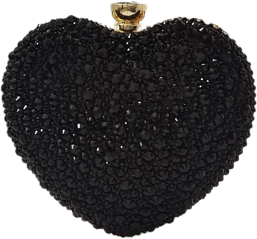 Cute Heart Shape Clutch Purse Mini Love Heart Rhinestone Wedding Handbag Party Women Purse (Black)