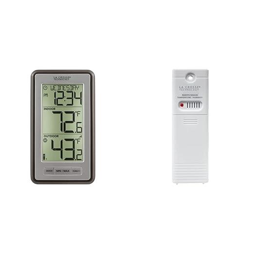 La Crosse Digital Indoor Outdoor Thermometer Bundle with Wireless Outdoor Temperature Humidity Sensor, 24-hr Display, Multi-Format Calendar, Battery Monitoring