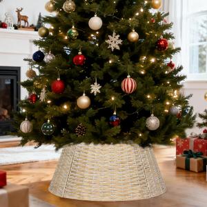 24 Inch Wicker Christmas Tree Collar, Handwoven Rattan Tree Base Cover with Cable Slot and Metal Frame, Durable Tree Stand Cover for Xmas Trees, Indoor Outdoor Use (Natural)