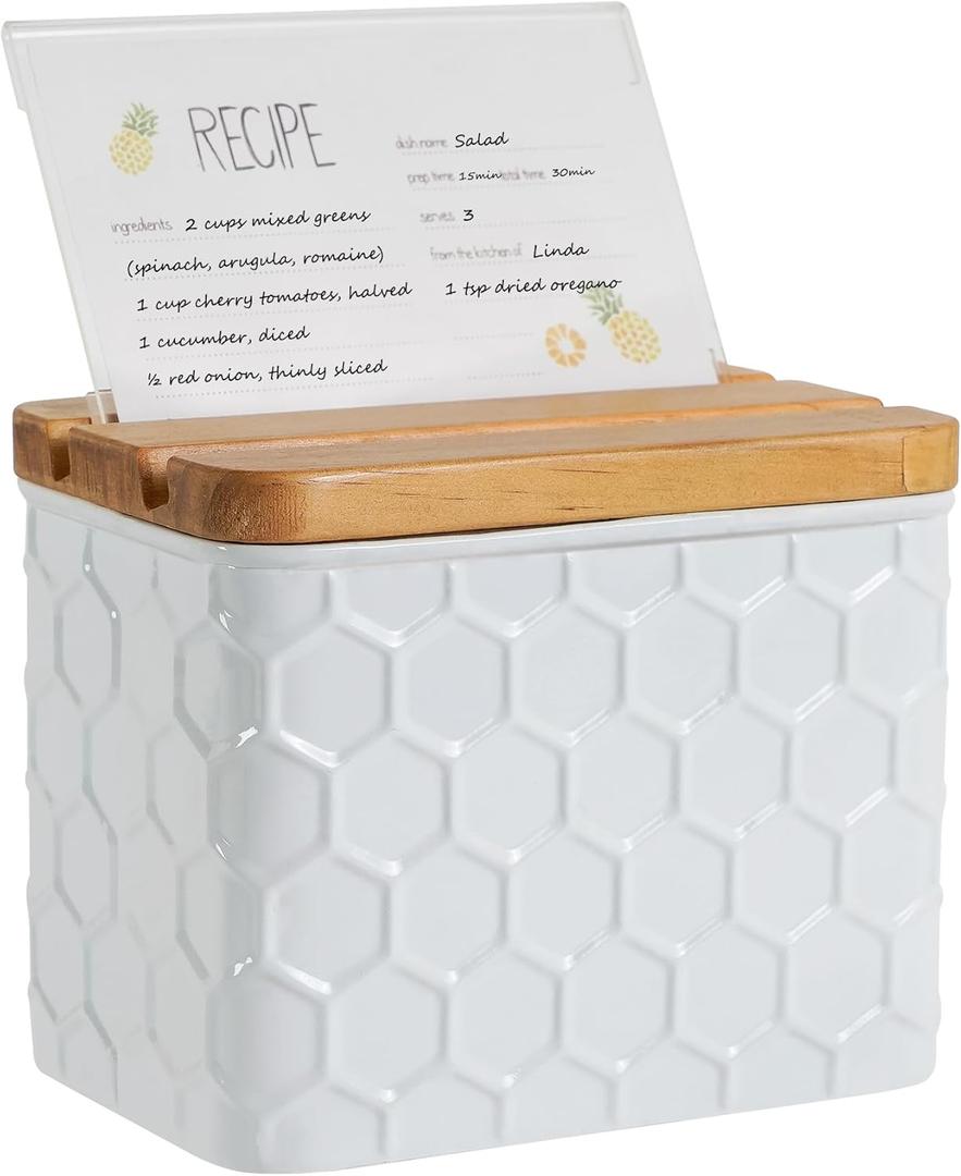 HOME PALETTE Recipe Box with Cards and Dividers Set 4x6 Recipe Holder for Kitchen Counter Metal White Honeycomb Pattern Embossed Recipe Card Box with Wooden Grooved Lid