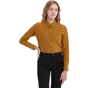 MGWDT Button Down Shirt Women Long Sleeve Blouse Oxford Shirt Classic-Fit Cotton Tops Wrinkle Resistant (2XS-3XL) (Brown 23)