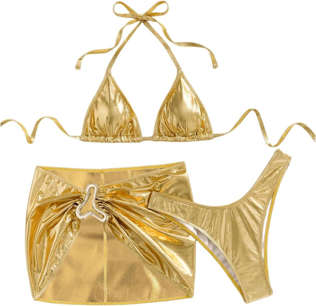 SOLY HUX Women's 3 Piece Swimsuit Metallic Halter Triangle Bikini Set Bathing Suit with Cover Up Beach Skirt (Medium, Pure Gold)