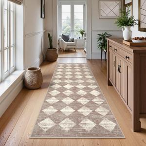 Lahome Moroccan Treills 2x8 Washable Hallway Runner Rug, Non Slip Bathroom Kitchen Carpet Runners, Checkered Modern Soft Runner for Entryway Living Room, Beige