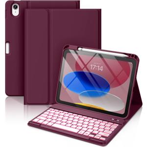 Hamile for iPad 11th 10th Generation Case with Keyboard - 7 Colors Backlit Wireless Detachable Folio Keyboard Cover with Pencil Holder for iPad A16 11-inch 2025 10th Gen 10.9 Inch 2022 (Dark Cherry)