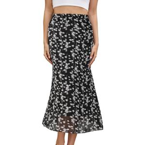 Gardenwed Womens Midi Casual Skirt High Waisted Pleated Flowy A Line Elastic Swing Skirts with Side Slit (L)