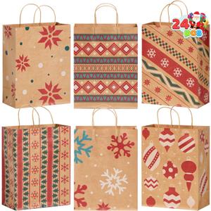 JOYIN 24 PCS Christmas Kraft Gift Bags Xmas Holiday Paper Goody Wrap Shopping Bags with Handles for Holiday Presents, Giant Gifts Decorations, Classrooms and Party Favors (10 x 13 x 5)