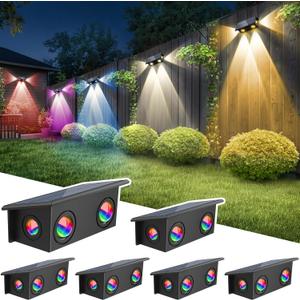 T-SUN Solar Fence Lights Outdoor, 7 Fixed Colors and Color Changing Fence Lights Solar Powered, IP65 Waterproof LED Dusk to Dawn Deck Light for Porch Backyard Wall Step Patio Railing Pool (6 Pack) (RGBW)