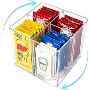 Sauce Packet Organizer with 360° Turntable, Clear Plastic Condiment Packet Holder with Dividers,Organizer and Storage for Ketchup Packets,Mayo Packets,Hot Sauce,Seasoning,Drink Packet,Square