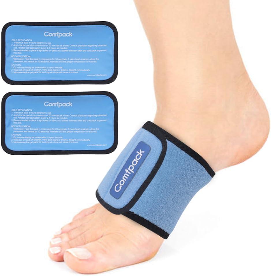 Comfpack Cold Therapy Wrap with 2 Packs for Pain Relief, Reusable Gel Ice Packs for Foot Plantar, Wrist, Ankle, Great for Sprains, Muscle Pain, Bruises, Injuries (Blue)