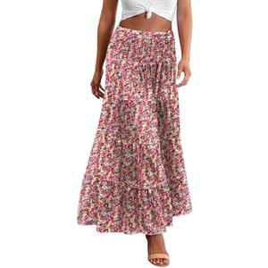 Zeagoo Women's Long Maxi Skirts Tiered Elastic High Waist Boho Double Layered Print A-Line Casual Midi Dress Size Large