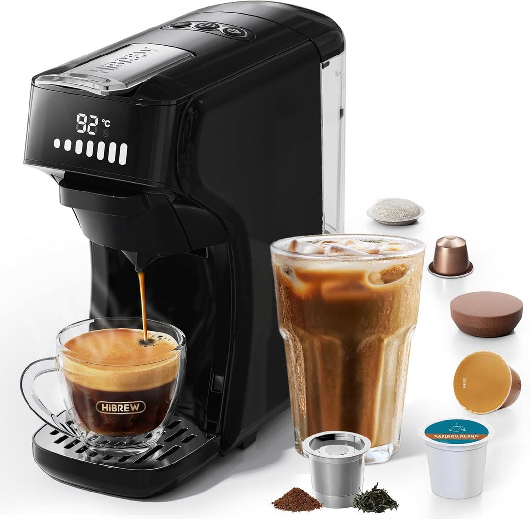 HiBREW H1B 6-in-1 Pods Coffee Maker, 19 Bar Espresso Machine for Pods, Compatible with Kcup*/Nes*/DG*/Espresso Powder, Makes iced coffee (Black)
