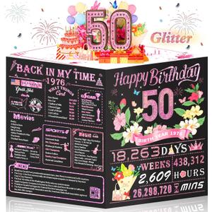 50th Birthday Card for Women,Jumbo Pop Up 50th Birthday Cards for Her Friend,Back In 1976 Happy 50 Year Old Birthday Decorations for Wife Daughter Mom Funny Birthday Gifts,Rose Gold