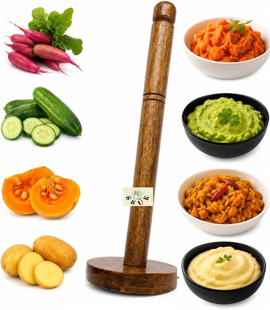 Indian Wooden Adjustable Masher Vegetables Fruits Avocado Dal/Pav Bhaji/Lassi/Potato/Mathu, Ghotni Kitchen Tools & Utensils Perfect for Daily Basis Use