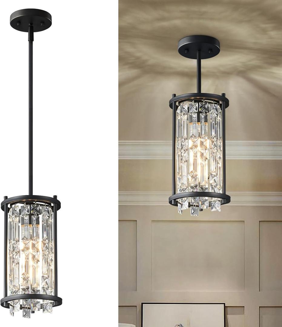 LMQNINE Modern Black Pendant Light Fixtures for Kitchen Island, Crystal Chandelier Lights Fixture, Adjustable Farmhouse Pendant Lighting for Dining Room Bedroom (Round 1-Light) (Round-6.29in)