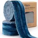 Blue Velvet Ribbon 1-1/2 Inch x 6 Yd Crinkled Handmade Frayed Vintage Ribbons for Christmas Gift Wrapping Tree Home Decor Wreath Craft Ornaments