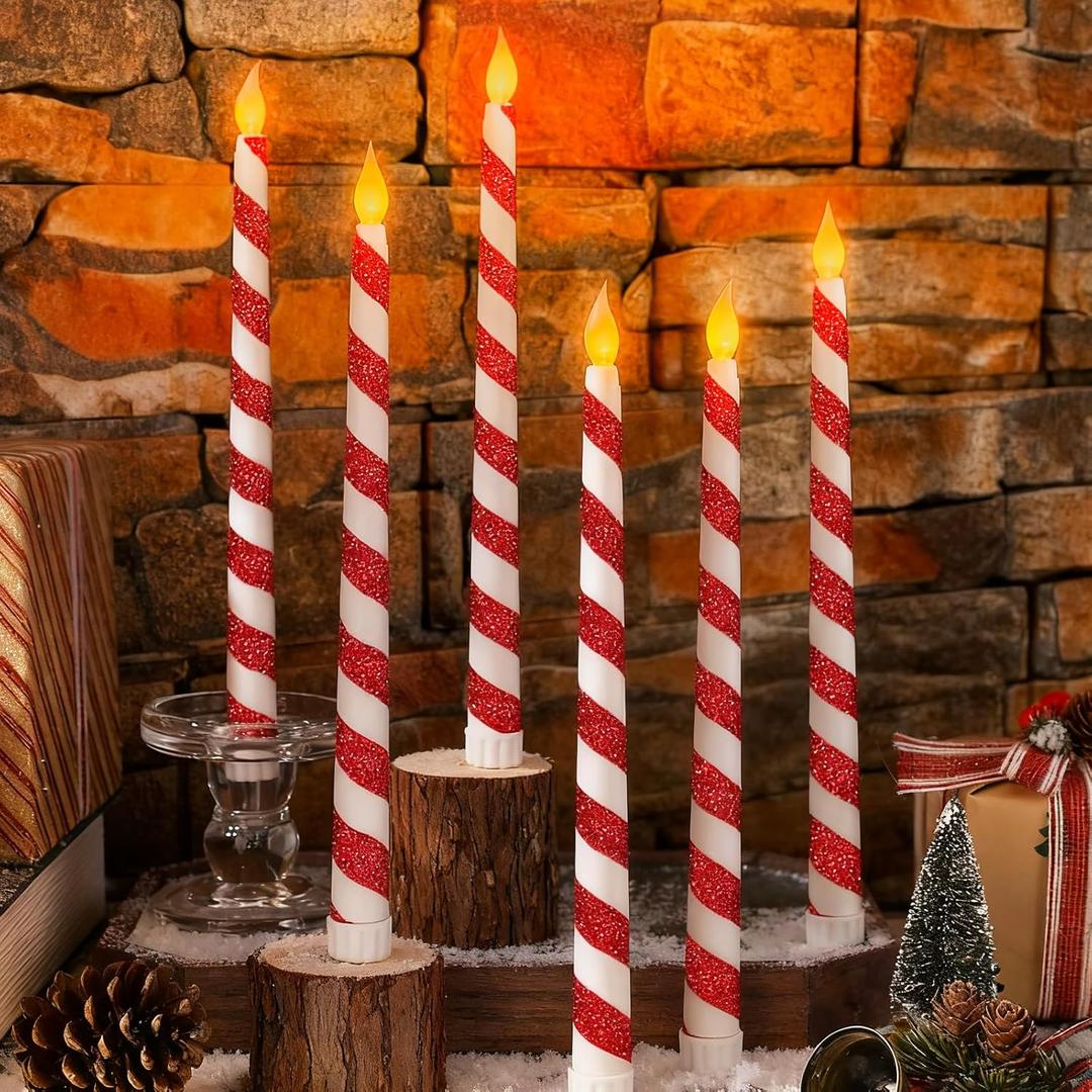 6PCS Christmas Flameless Taper Candles - Candy Cane Red and White Stripes Flickering Battery Operated LED Candles for Xmas Centerpiece Holiday Party, Wedding, Winter Home Decoration