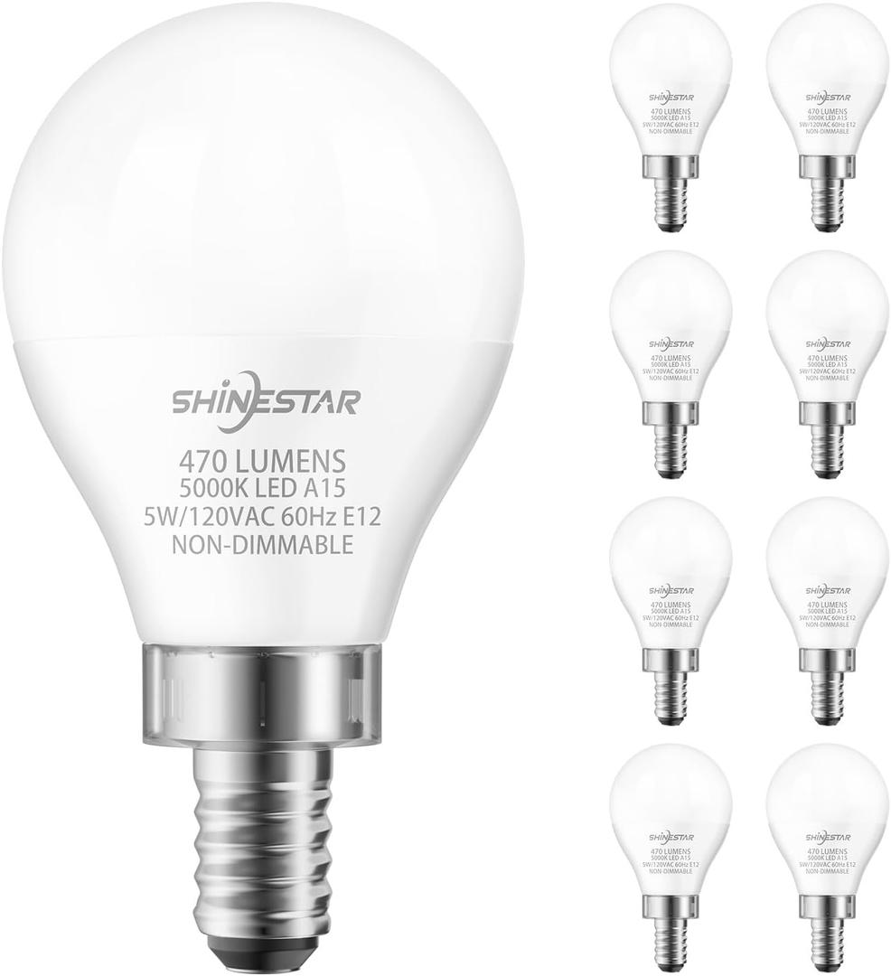 SHINESTAR 8-Pack Ceiling Fan Light Bulbs, Small Base, 120V 40W Equivalent, 5000K Daylight, E12 LED Candelabra Bulb, Non-Dimmable