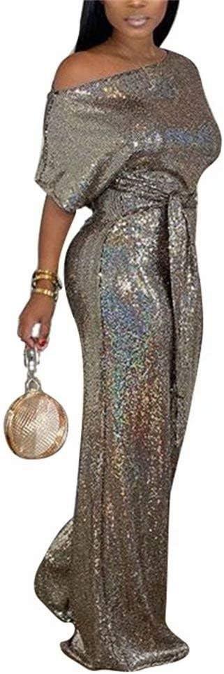 LKOUS Women's Evening Sparkly Jumpsuits Off Shoulder Short Sleeve Party Sequins Rompers High Waisted Wide Leg Pants Suit (X-Large, Gold)