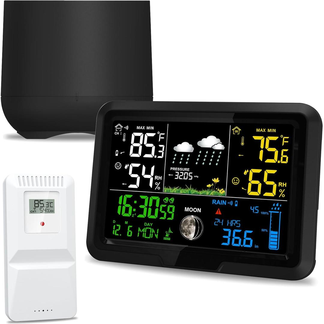 Digital Wireless Rain Gauge Outdoor, Home Weather Station Wireless Indoor Outdoor with Self-Emptying Rain Gauge, Thermometer, Barometer, Hygrometer, Atomic Clock, Weather Forecast and Alerts