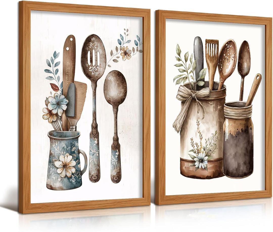 Doqueodas 2Pcs Vintage Country Kitchen Canvas Wall Art Wood Frame 16x24 in