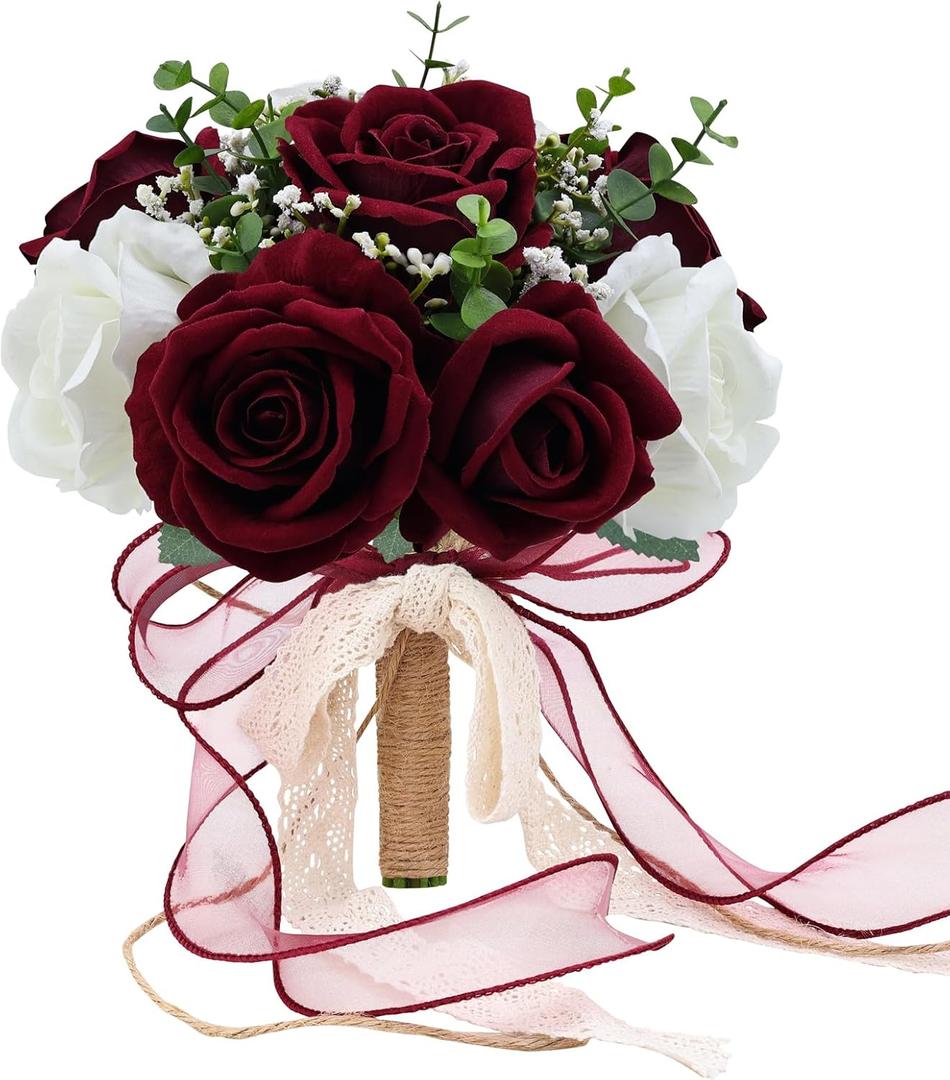 9in Wedding Bouquets for Bride Bridesmaid, Burgundy & White Artificial Roses Flowers Bouquet for Rustic Church Boho Wedding or Centerpieces Decoration