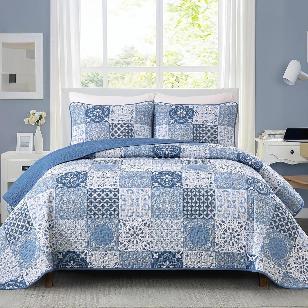 Dobuyly Blue Quilt Set Queen Size, Boho Mineral Blue Plaid Patchwork Bedspreads Coverlet Set, 3 Pieces Soft Lightweight Microfiber Quilt Bedding Set for All Seasons 96"x90"