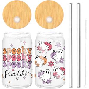 Whaline 2 Pack Groovy Halloween Drinking Glasses 16oz Spooky Ghost Pumpkin Flower Glass Cup Orange Pink Purple Iced Coffee Cup with Lid Straw for Cocktail Whiskey Beer Soda