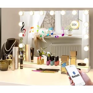 LilyHome 22.8"x 18.1" Vanity Mirror Makeup Mirror with Lights,10X Magnification,Large Hollywood Bluetooth Lighted Vanity Mirror with 15 LED Bulbs & Speaker,3 Color Modes,Touch Control for Wall-Mounted