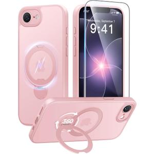 FNTCASE for iPhone 17e Case: iPhone 16e Phone Case [360 Spin Magnetic Stand] [Compatible with Magsafe] [Screen Protector] Translucent Matte Military Grade Shockproof Protective Phone Cover Pink