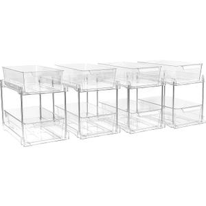 4 Pack 2-Tier Bathroom Under Sink Organizers and Storage - Clear Stackable Containers for Kitchen, Pantry, Vanity, Medicine Cabinet, Makeup, and Counter with Pull-Out Track