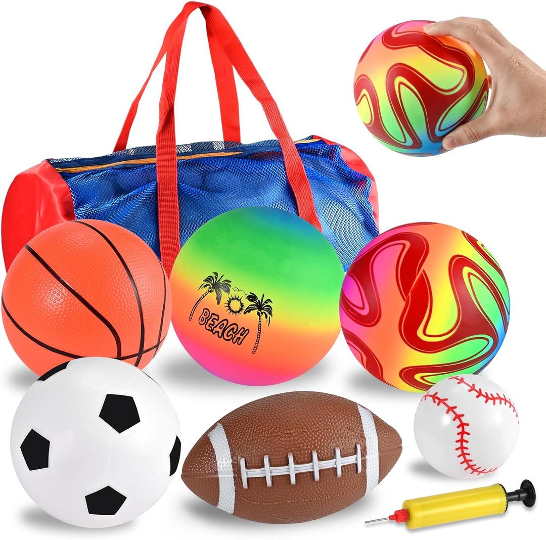 6 Pcs Outside Toys Balls for Toddlers 1-3 with Bag, Toddler Outdoor Sports Toys, Bouncy Balls Playground Beach Ball for Kids, Football Basketball Rugby Baseball Volleyball Soccer 1 2 3 4 5 Gift
