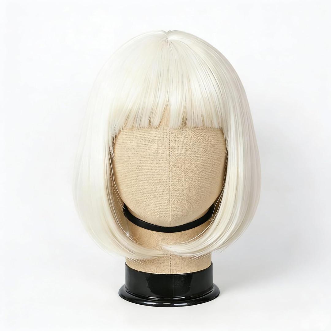 Svolna White Blonde Short Bob Wig with Bangs, Platinum Blonde Synthetic Straight Hair Wigs for Women, 14 Inch Cosplay Costume Bob Wig (613#)