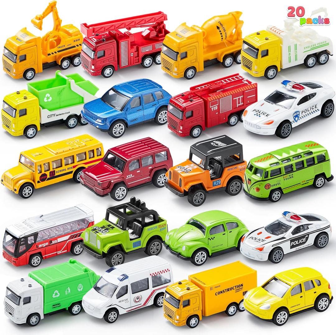 JOYIN 20PCS Die Cast Pull Back Cars, Metal Toy Cars, Car Toys Bulk, Vehicle Set for Toddlers, Kids Party Favors, Cake Toppers, Stocking Stuffers, Race Cars Toys for Boys, Christmas Grandkids Gifts