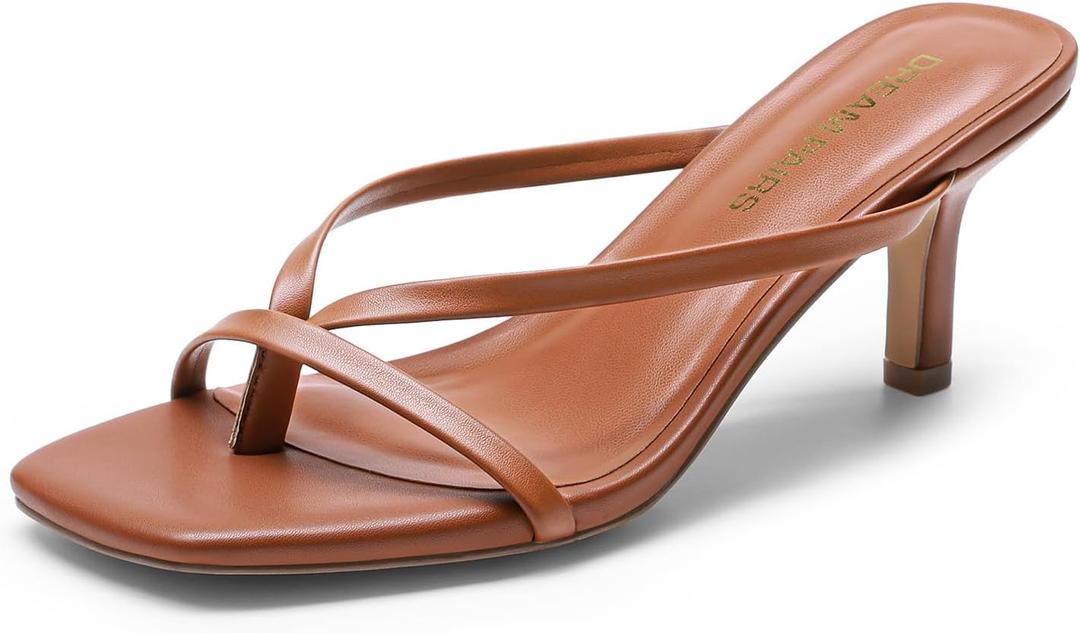 DREAM PAIRS Heels for Women Flip Flops Kitten Low Heels Open Square Toe Thong Heeled Sandals, Sexy Fashion Comfort Shoes for Party Casual Slides (9, Brown)