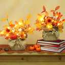 [ 2 Styles & Lighted ] 2 Pack 11 Inch Fall Maple Tree Decor, Artificial Tabletop Fall Tree with 20 LEDs Battery Powered Fall leafed Pumpkin Daisy Cones Berry Thanksgiving Fall Decorations for Home