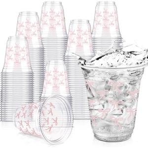 50 Pcs Pink Bow Snack Cups 12 oz Bow Plastic Cups Lovely Bowknot Tumbler for Just Wanna Be One Birthday Wedding Baby Shower Party Supplies